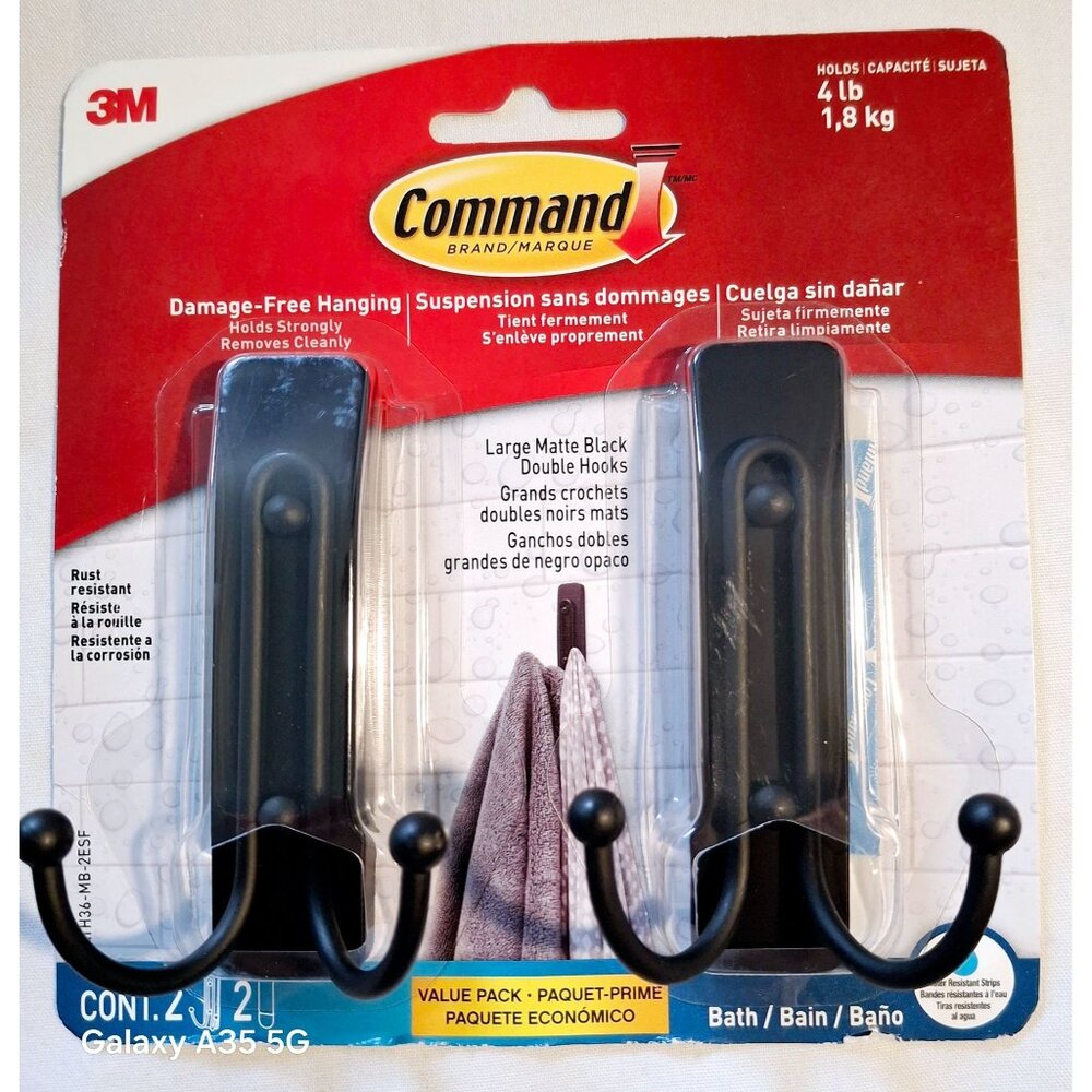 3M Command Large Matte Black Double Hooks Damage-Free Hanging Holds Up To 4 Lb W